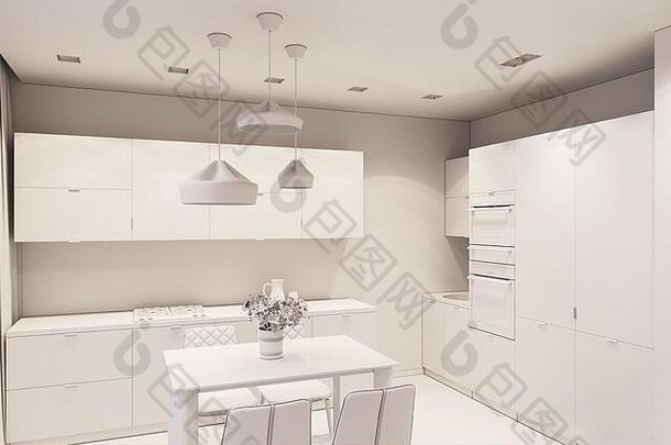 斯堪的纳维亚风格的3d渲染室内设计，客厅和厨房