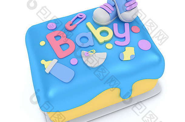 男孩宝宝沐浴蛋糕的3D插图