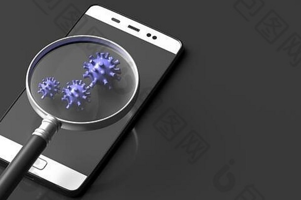 冠状病毒冠状病毒19型最后出现在智能手机概念上。医学放大镜上的病毒株，手机背景。三维插图