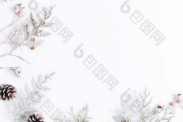 圣诞作文。白色背景和金色星星上的红色玫瑰果。圣诞节，新年，冬天的概念。平面布局、俯视图、空间