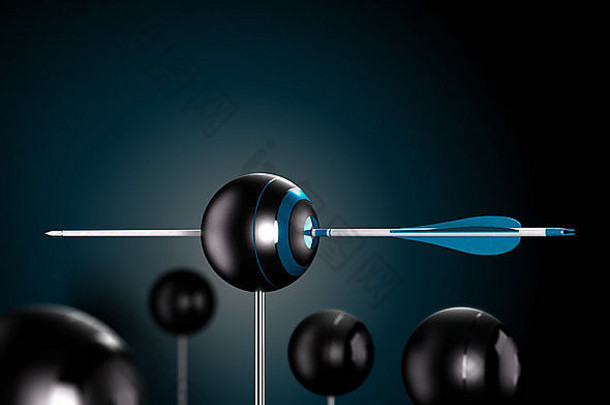 一个蓝色箭头穿过<strong>风险控制</strong>的黑色背景符号上方的球目标中心，概念3D渲染图像