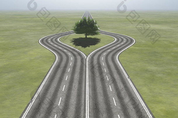 前面的分岔处有一棵树在路中间——哪条路？这是一个3d渲染插图
