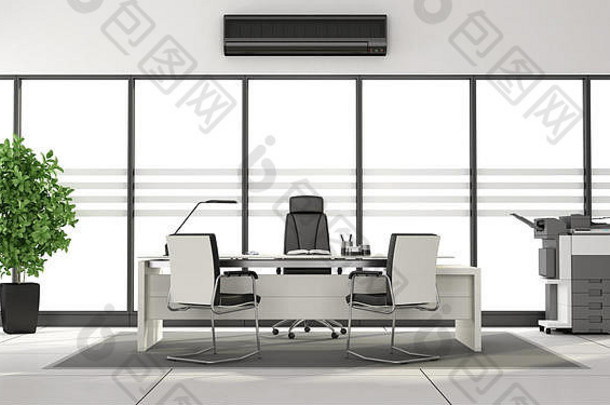黑白现代办公室，带办公桌、影印机和大窗口-3d渲染