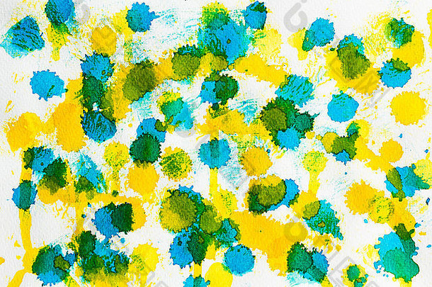 水彩蓝黄混合抽象背景。画在白色粒状纸上。用作纹理或设计元素。
