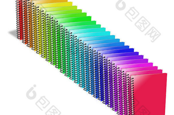 多种颜色的环形活页夹。白色的隔离带。
