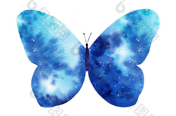 水彩银河蝴蝶孤立在白色背景上。手绘水彩画插图非常适合浪漫的明信片。
