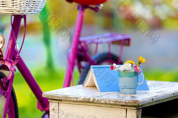 粉红色的自行车蓝色的书杯完整的花白色木表格明亮的野餐场景花园