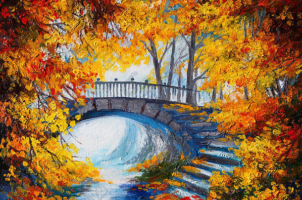 油画——秋天的森林里有一条路，路上有桥，树叶鲜红