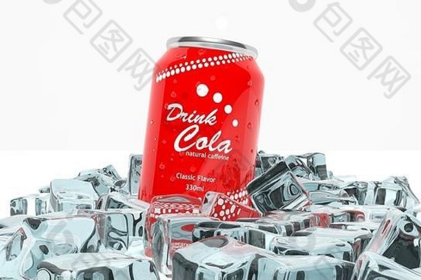 一罐装在冰块中的可乐，隔离在白色表面