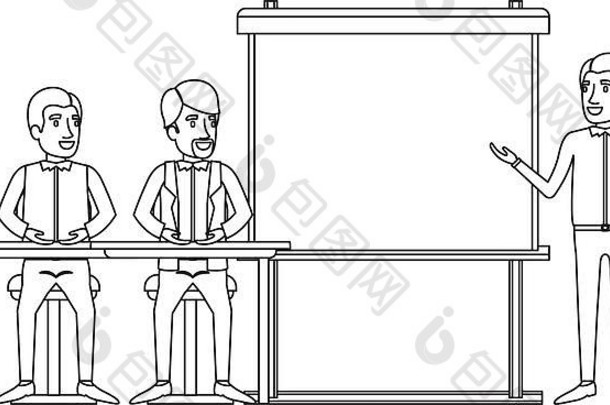 单色背景，一对坐在办公桌上的男士，为商务人士演讲的执行讲师