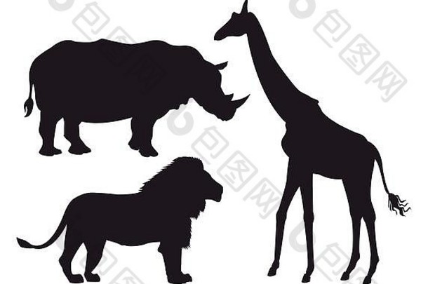 白色背景集黑色的轮廓野生非洲动物