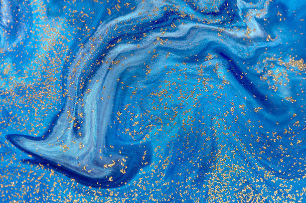 大理石的蓝色的摘要<strong>背景</strong>金亮片液体大理石墨水模式