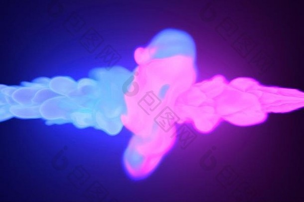 在复古迪斯科风格中，两种霓虹灯颜色的烟青色和紫色相互碰撞。三维渲染插图设计的未来色彩爆炸。黑色背景上的抽象发光墨水。