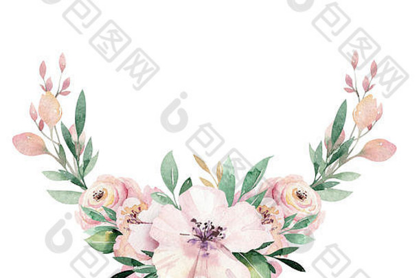 手绘水彩花环插图。绿色树枝和花叶的分离植物花环。春夏意境。婚礼花朵设计元素。