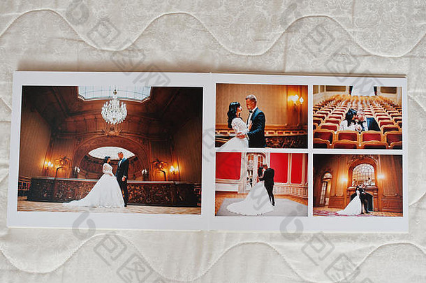 婚礼相册30x40。两页相册优雅婚礼夫妇。相框中的宽婚纱照
