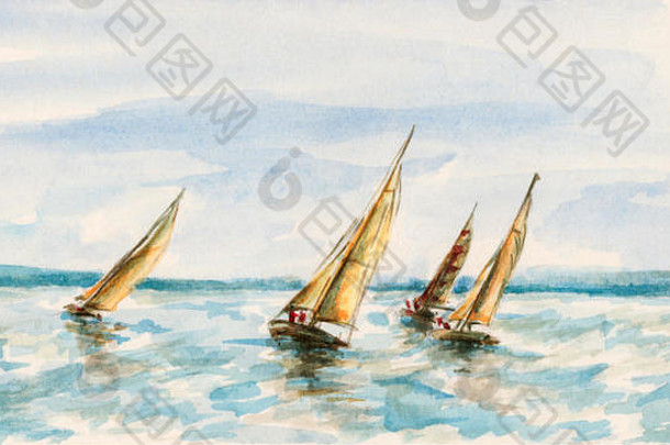帆船比赛。纸板上的水彩（微型）。