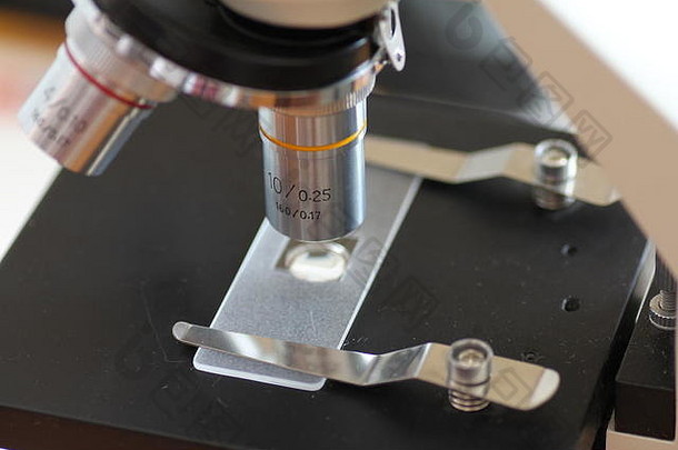 用物镜观察显微镜载玻片的特写镜头