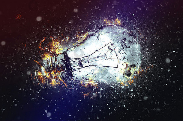 爆炸灯泡作为新想法和头脑风暴的概念图像。