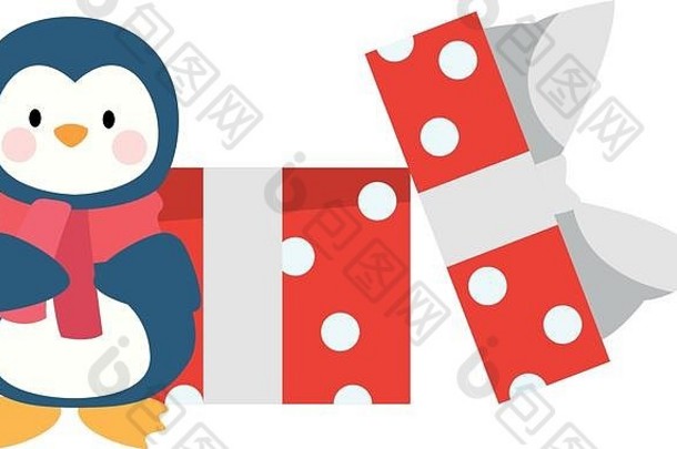 可爱的企鹅礼物盒子图标平设计