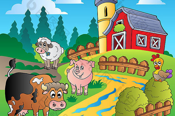 带有红色谷仓1色插图的乡村场景。
