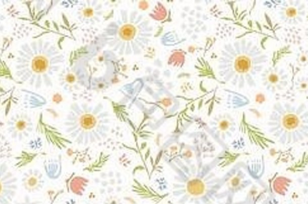 洋甘菊草坪上黛西野花主题横幅背景天真的玛格丽特花无缝的边境模式精致的叶子手画呜海纺织