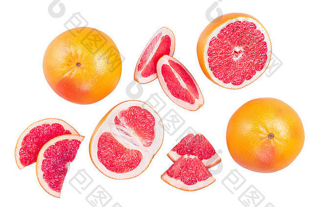 在白色背景上分离的葡萄柚和葡萄柚片。顶视图。平铺。