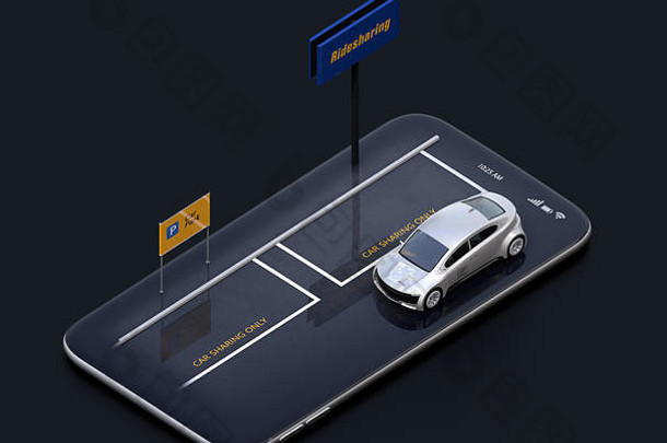 智能手机上的银色微型汽车。等轴测视图。汽车共享概念。三维渲染图像。