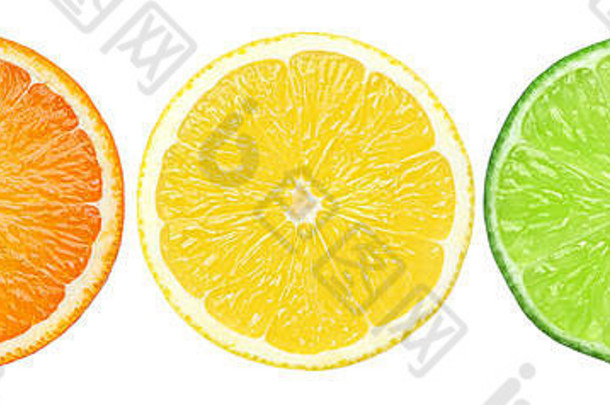 柑橘片、橙子、柠檬、酸橙、白色背景隔离、裁剪路径