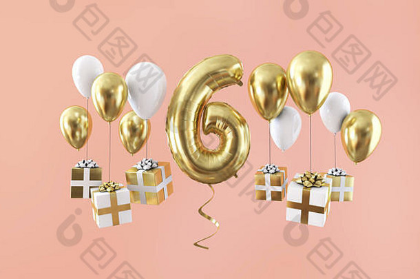 6号生日庆祝金气球和礼物。三维渲染