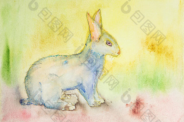 黄色背景上的蓝色兔子。由于纸张表面粗糙度的改变，轻拍技术提供了软聚焦效果。