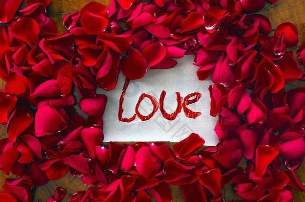文本《我爱你》用红色玫瑰花瓣环绕，浪漫概念俯瞰情人节背景