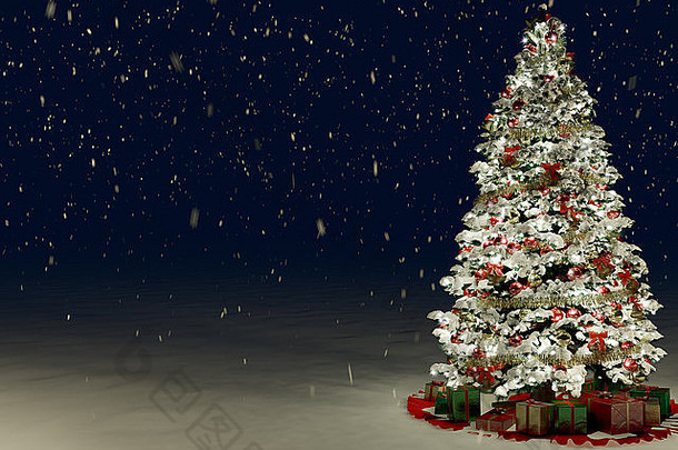 雪覆盖的圣诞树，五颜六色的灯