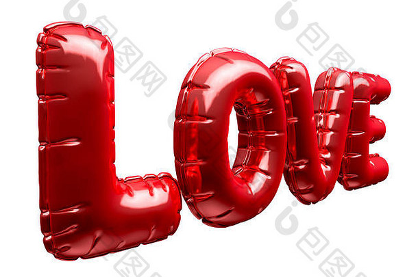 一套四个金属气球字母，拼写“爱”一词，在一个孤立的白色背景上纪念情人节-3D渲染