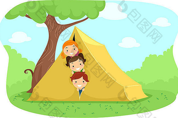 露营者从帐篷后面偷看的插图