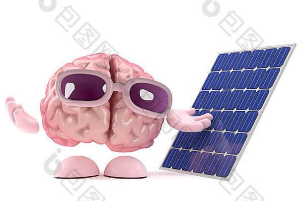 站在太阳能电池板旁边的大脑角色的3d渲染