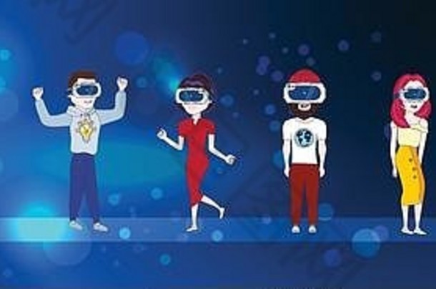 集年轻的人穿虚拟现实眼镜摘要未来主义的背景现代技术概念