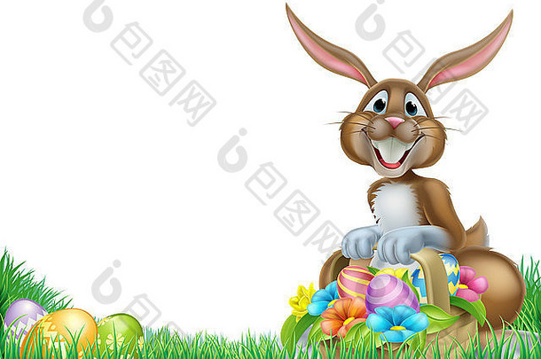 在田野里，一只复活节兔子拿着装满装饰过的巧克力复活节蛋的篮子