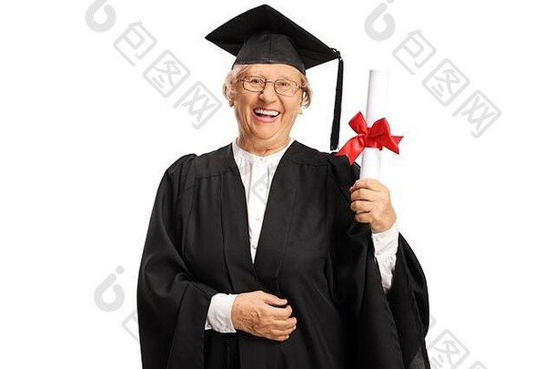 高级女研究生持有学位证书微笑孤立的白色背景