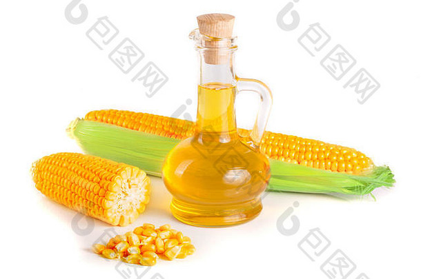 玉米石油玻璃水瓶新鲜的玉米玉米穗轴谷物孤立的白色背景