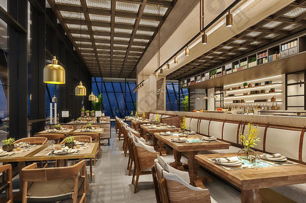 现代室内设计餐厅休息室东方阿拉伯语风格线网天花板隐藏的灯木青铜黄金颜色渲染