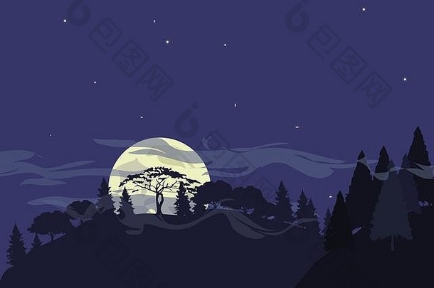 夜间风景的插图。平面设计。