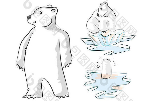 手绘插图和北极熊在融化的冰上的图画