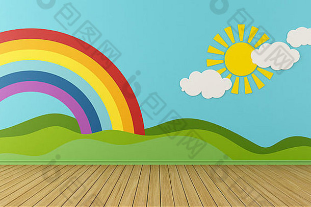 空游戏室彩虹绿色山太阳云墙呈现
