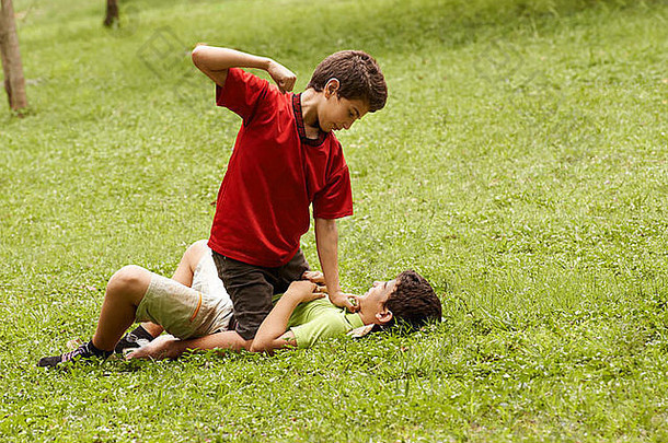 两个年轻的兄弟在公园里打架<strong>打闹</strong>，大男孩坐在小男孩的旁边