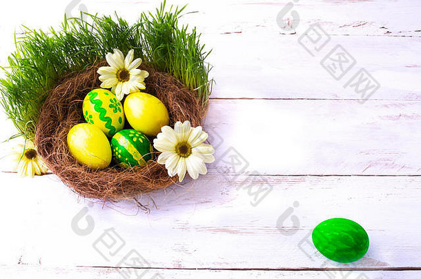 黄色和绿色的复活节彩蛋在白色木质背景的绿色草地上，巢中有黄色的雏菊花。东