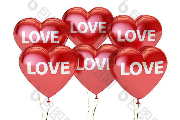 情人节快乐概念，红心气球上题写爱情。隔离在白色背景上的三维渲染