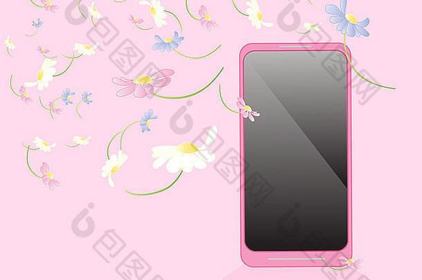 一款粉色智能手机的插图，带有在粉色背景上飘过的多色春花