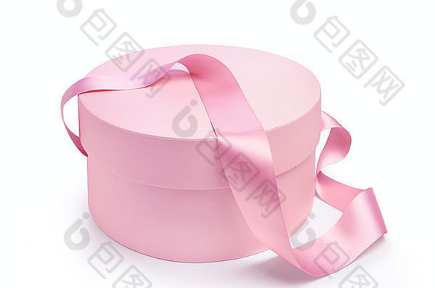 粉红色圆形礼品盒，带提手胶带。在白色背景上隔离
