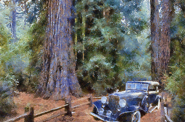 老式汽车油画-奥本沙龙布鲁姆1933