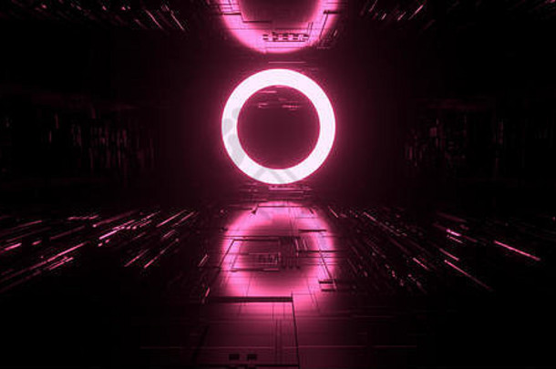 现代未来主义的霓虹灯灯圆形状技术示意图芯片纹理反光黑暗隧道房间走廊外星人宇宙飞船晚上充满活力的任